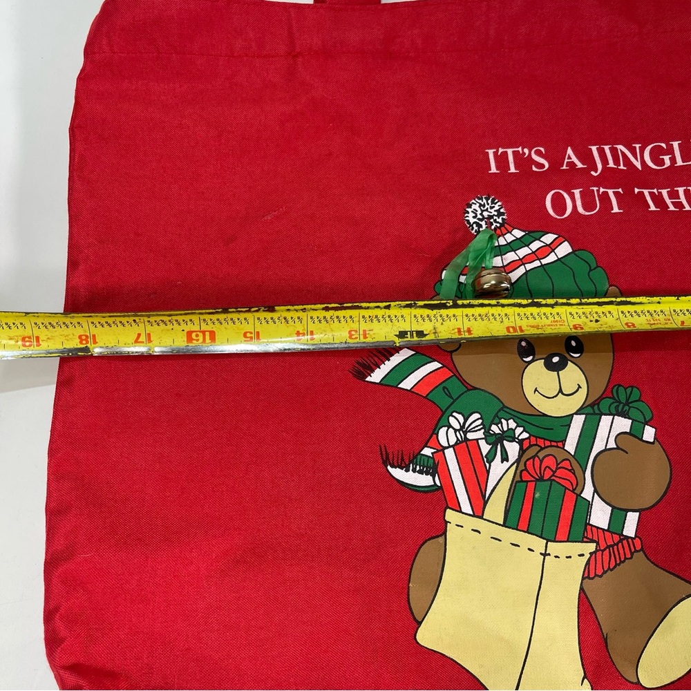 Vintage Christmas 1988 Winter Teddy Bear Red Canvas Tote Bag Jingle Bell  17x18' - Picture 5 of 10